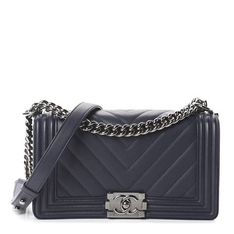 chanel dark navy micro chevron boy bag